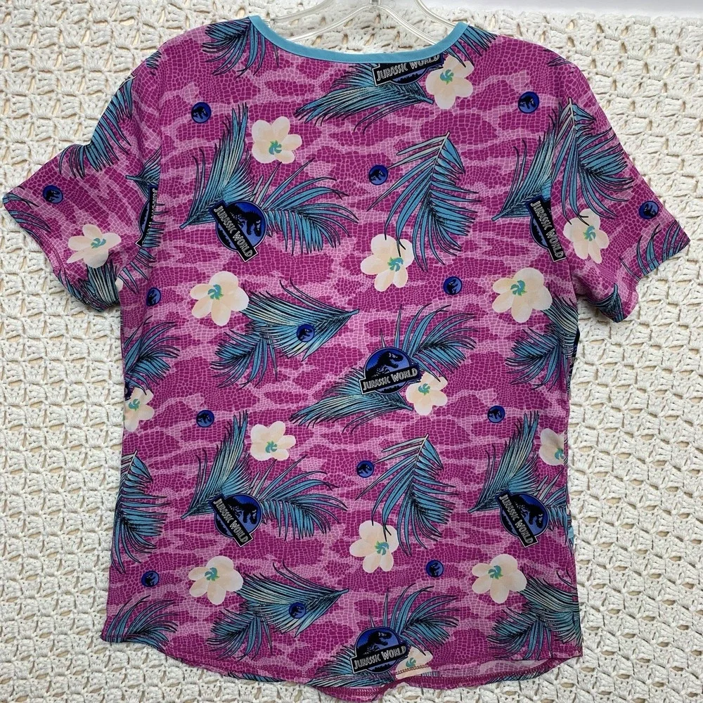 Jurassic Scrub Top Sz S Park Dominion Universe Studio Dino Skin Floral Pink Blue